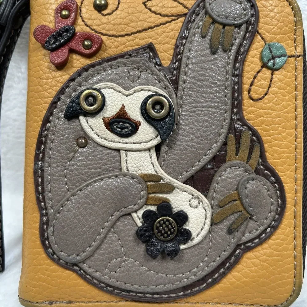Chala Yellow Leather Zip-Around Wristlet with Sloth Applique